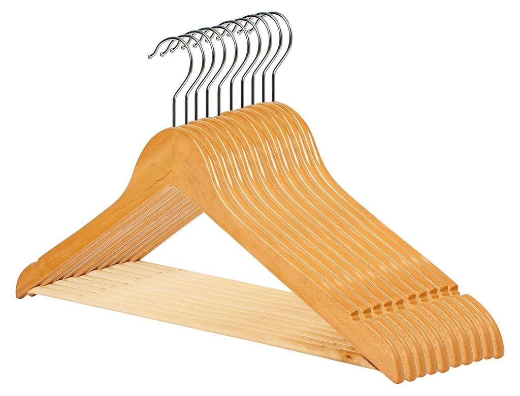 Holzkleiderbügel Natur 20 Stück 44,5 cm | 360° drehbarer Haken | mit Hosensteg | für Hemden, Kleider, Jacken und Hosen