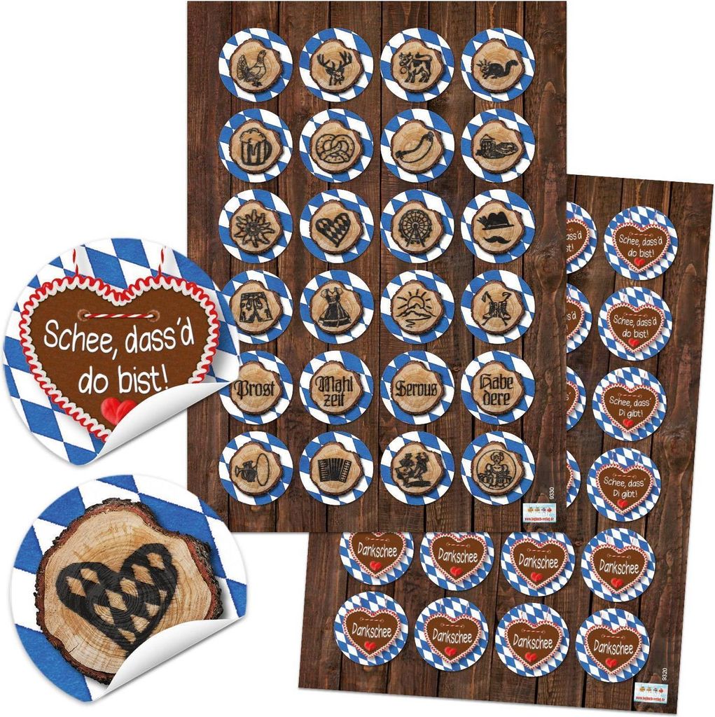 4 x 24 Bayernaufkleber bayerische Aufkleber SCHÖN DASS DU DA BIST Dirndl Lederhose Breze blau weiß kariert Verpackung Geschenke Sticker Bayern Bi...