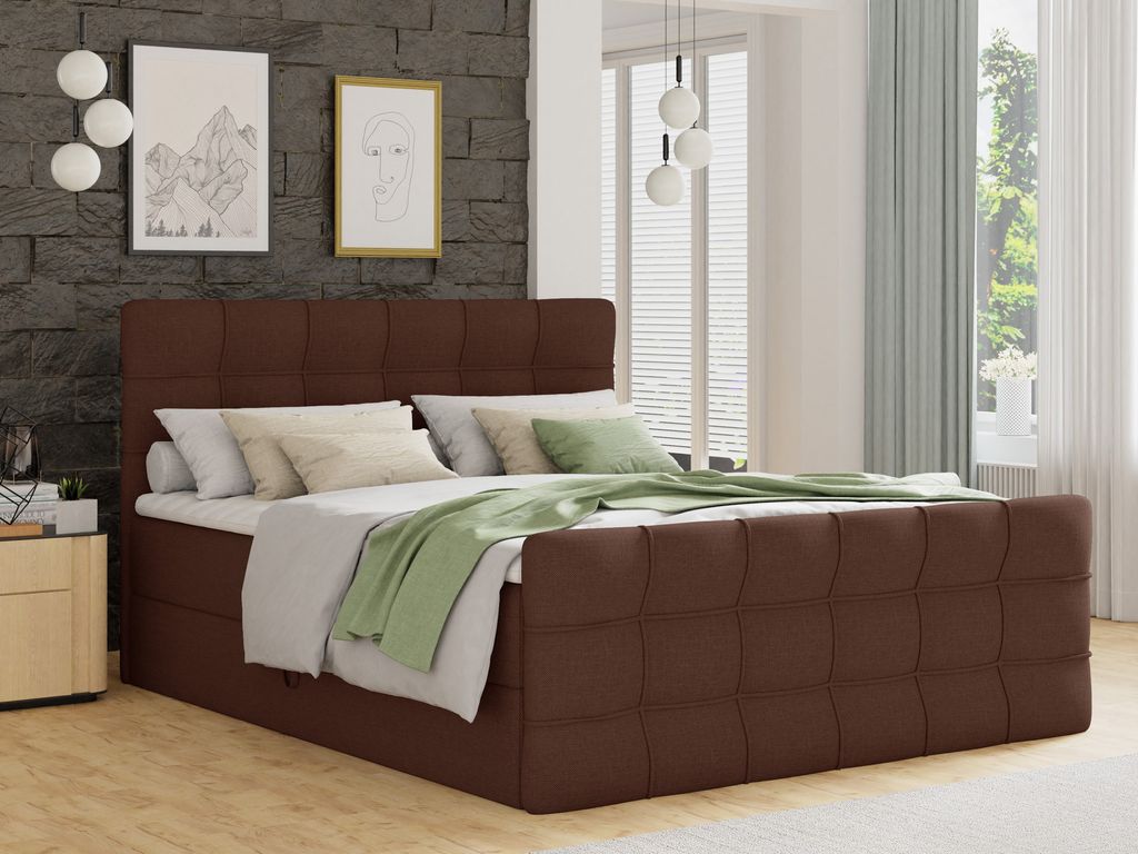 Boxspringbett Best Lux mit Fußteil, 2 Bettkästen, Bonell-Matratze und Topper (Braun (Inari 24), 160 x 200 cm)