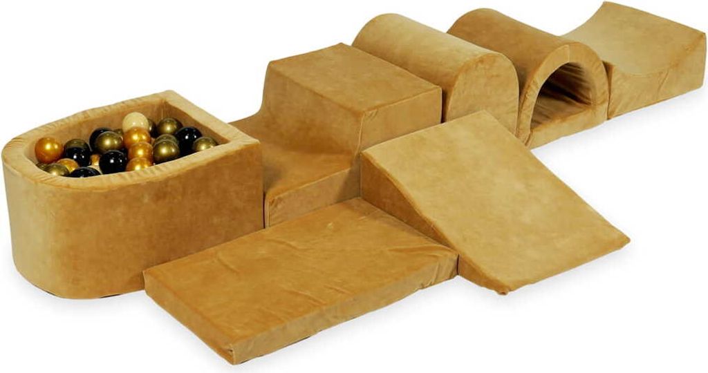 Größtes Schaumstoff-Spielset mit Mikro-Bällepool – samtig weicher Karamell mit Bällebadbällen 100 Stück / Beige, Altgold, Gold, Schwarz