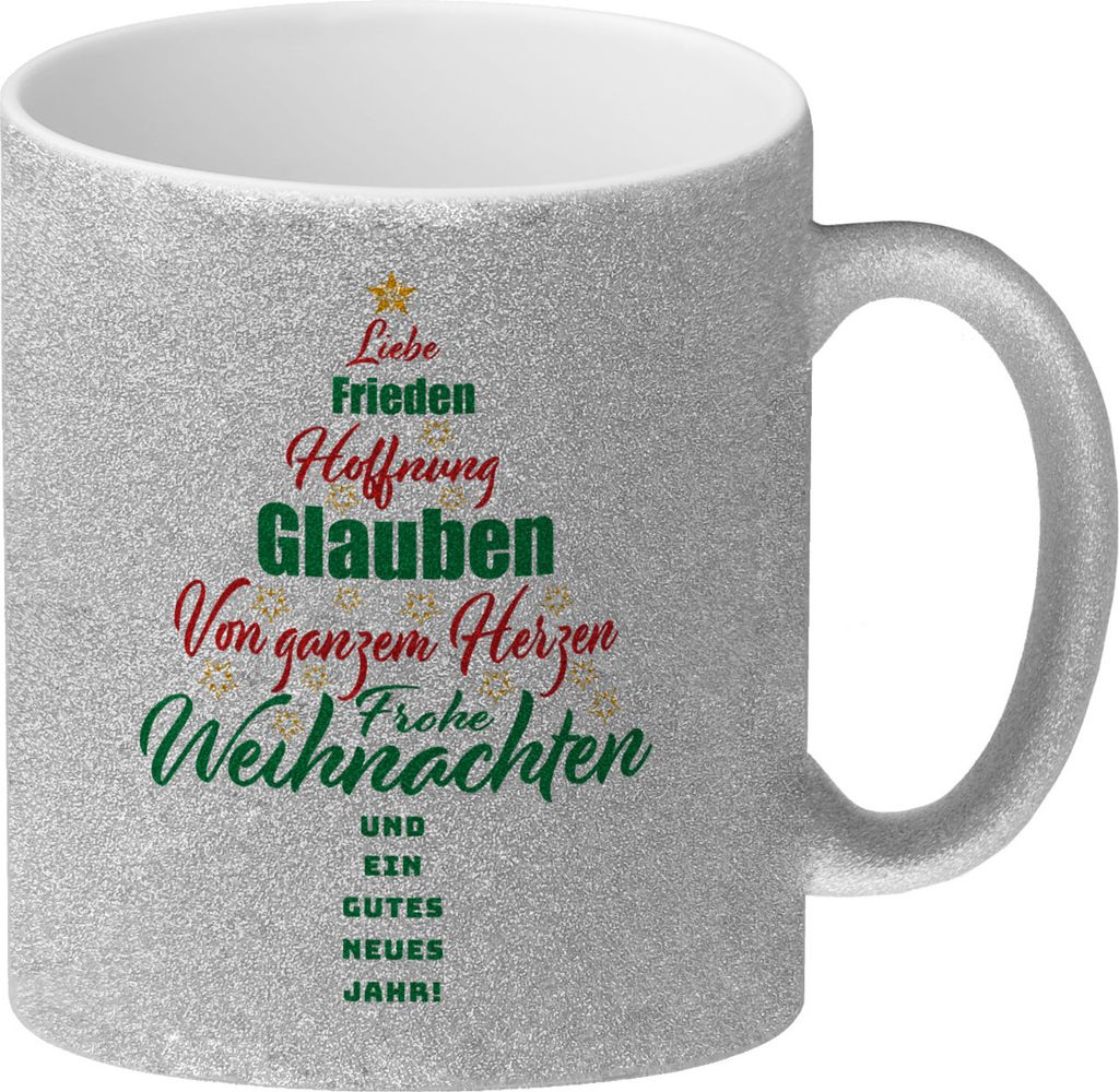 Christbaum Glitzer-Kaffeebecher mit Spruch Frohe Weihnachten und Gutes Neues