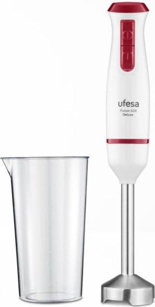 A white and red Ufesa electric hand blender with a stainless steel base and a clear measuring cup.