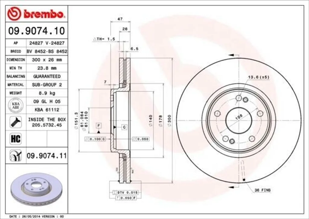 Disque de frein Brembo 09.9074.10 pour Laguna II - Réf OE 7701206614