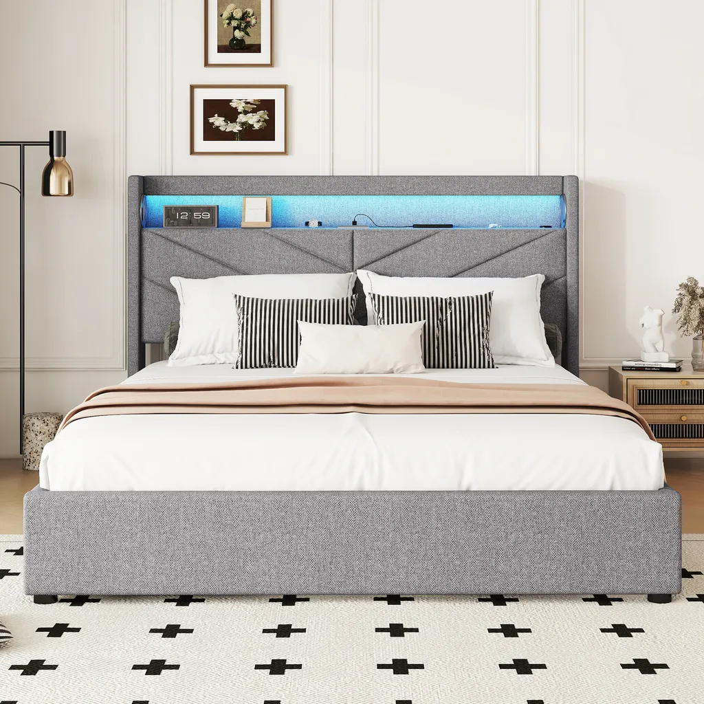 Lit 160x200 cm avec Coffre de Rangement et LED, Solution Gain de Place