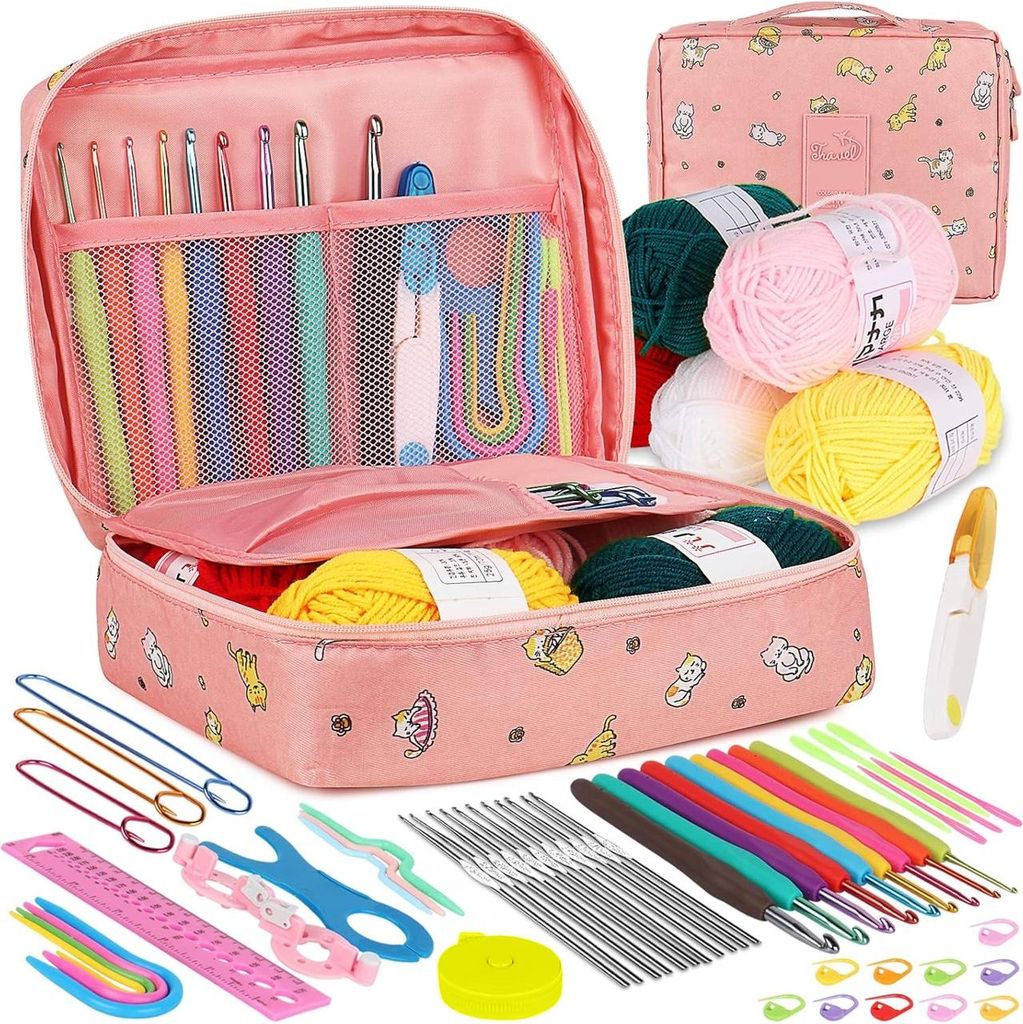 Komplettes Häkelset 59-tlg. im Organizer – Mit Ergonomischen Nadeln & Wolle für Anfänger und Profis