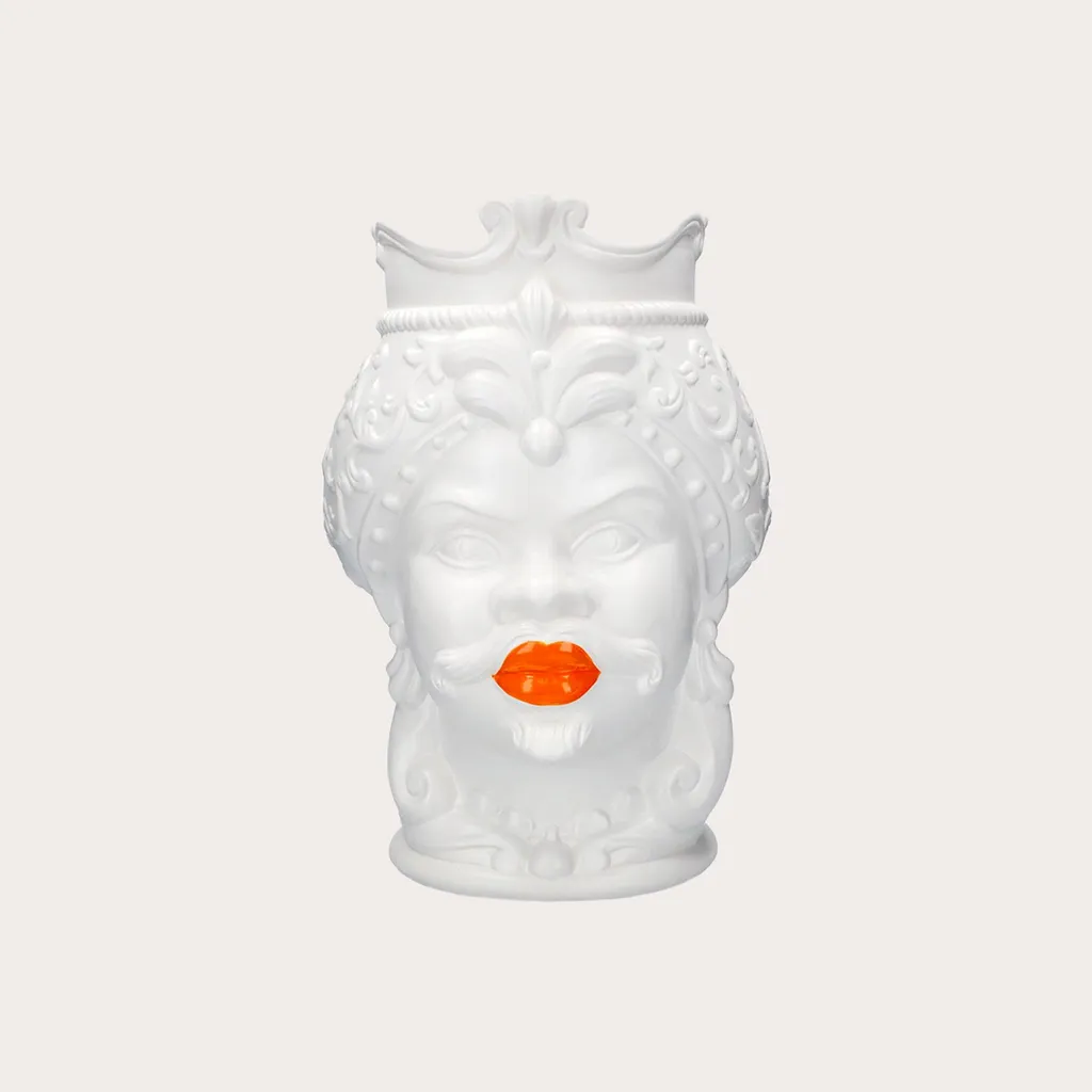 Grand Vase Design Tête de Moro Blanc et Orange en Céramique Artisanale