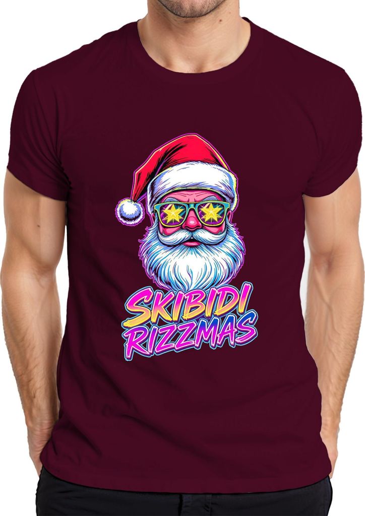 SKIBIDI RIZZMAS Weihnachtsmann Neon Brille Retro 80er Party Lusti Herren T-Shirt, Burgundy, S