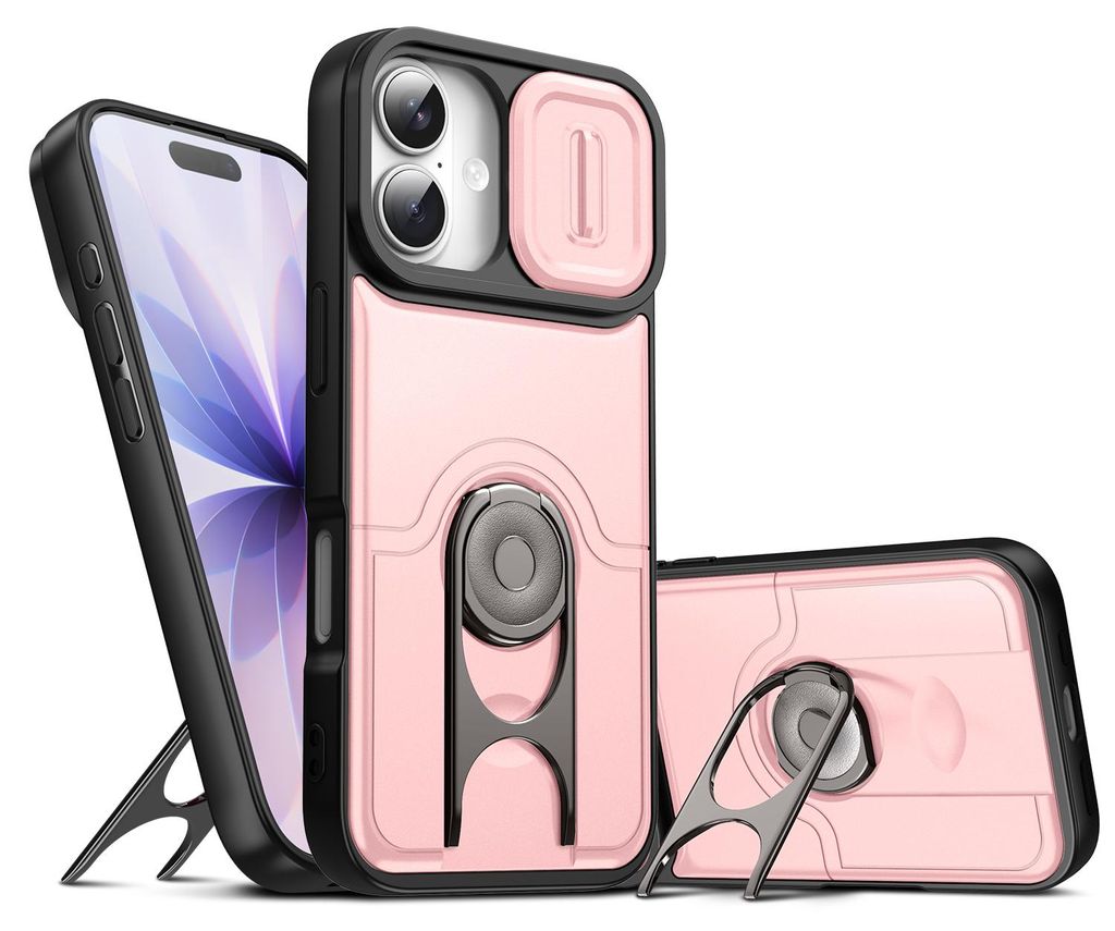 Handyhülle für iPhone 16 Plus mit Dia Kameraschutz und Ringhalter Ständer, Stoßfeste Hybrid Schutzhülle Pink