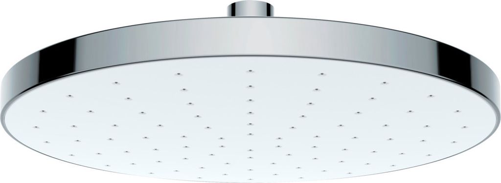 A close-up, studio shot of a modern, round shower head with a chrome rim and a white face with multiple small water jets.