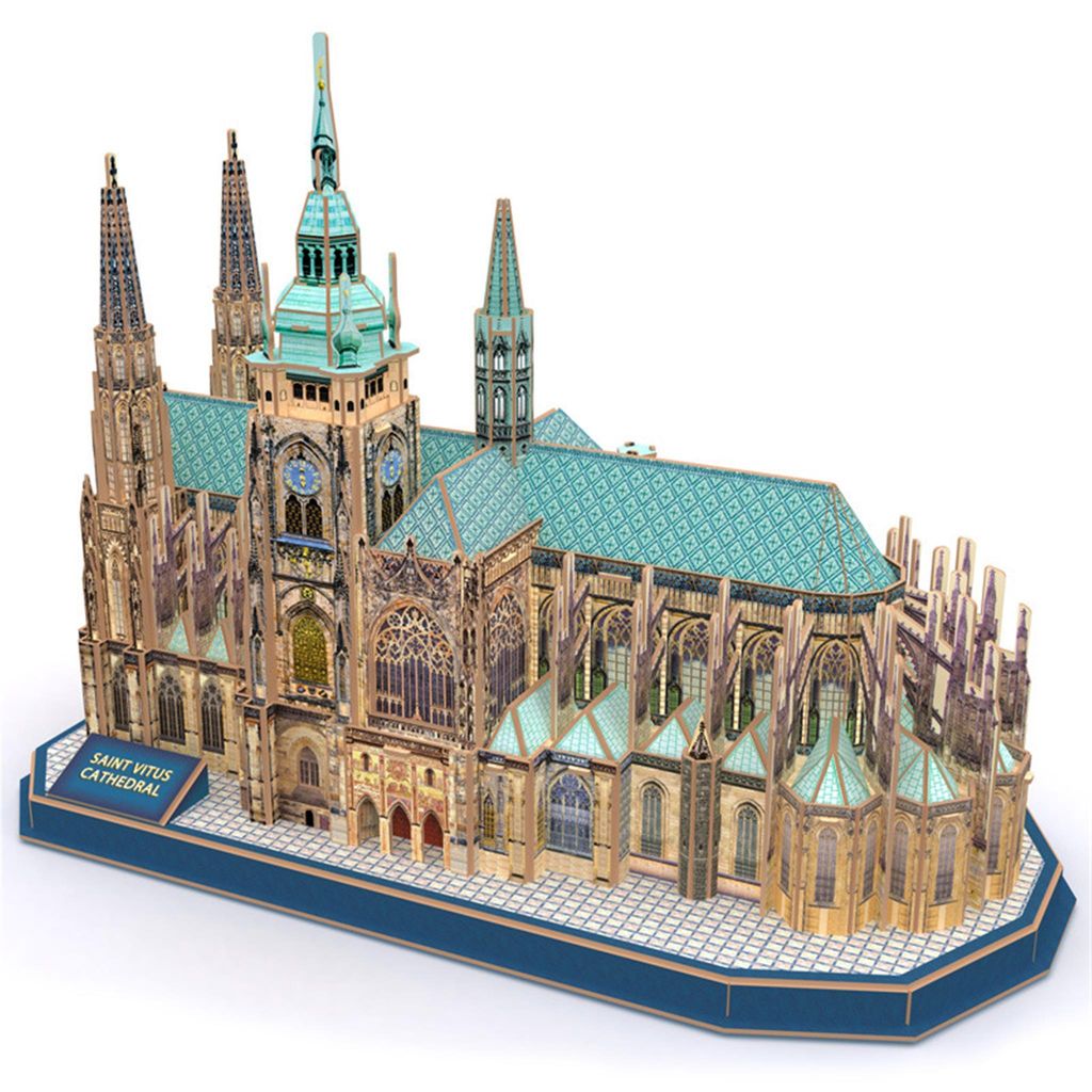A 3D puzzle model of Saint Vitus Cathedral on a white background.