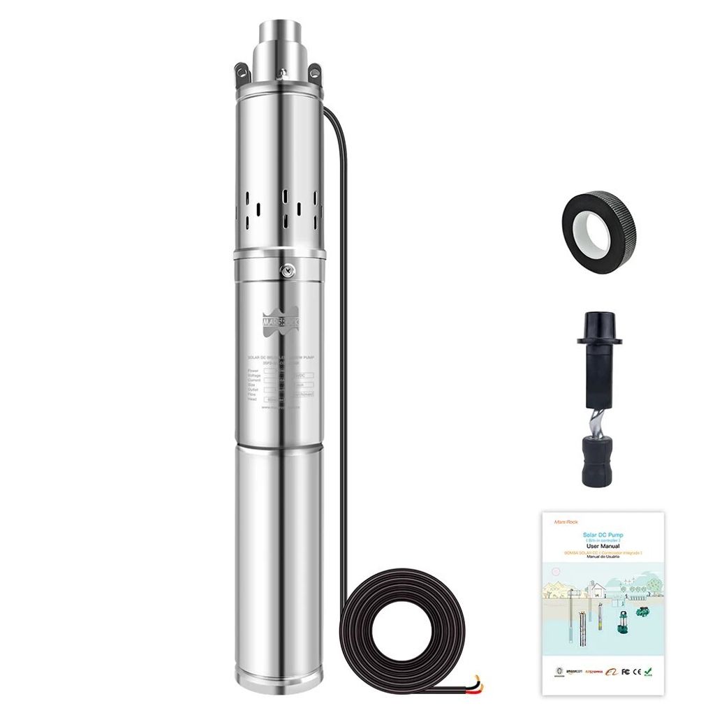A solar deep well pump and its accessories are displayed against a white background.
