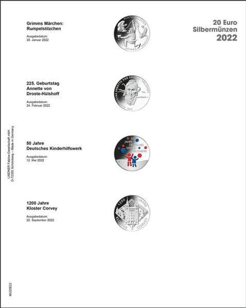 Lindner MU20E22 Multi collect Vordruckblatt für 20 Euro-Silbermünzen Bundesrepublik Deutschland 2022