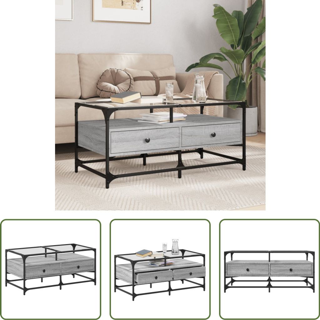 The Living Store Couchtisch mit Glasplatte Grau Sonoma 98,5x50x45 cm Stahl