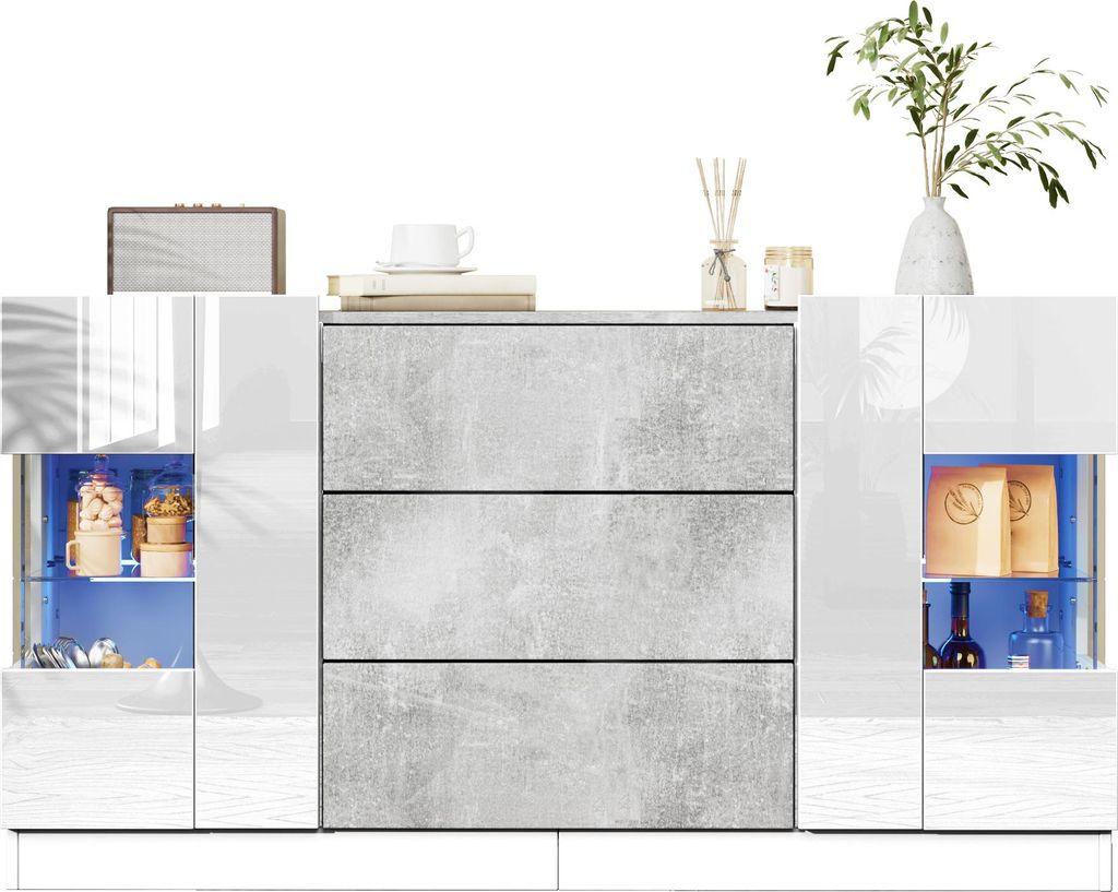Fortuna Lai LED-Sideboard, Schrank mit 2 Türen und 3 Schubladen, glänzend weißen Paneelen und grauem Marmor außen