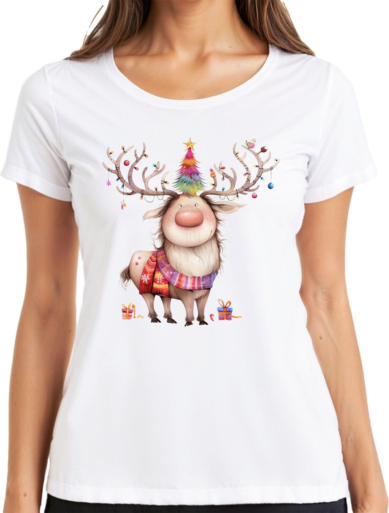 Weihnachtsrentier niedlich buntes Geweih Weihnachtsbaum Geschenk Damen T-Shirt, Weiß, M