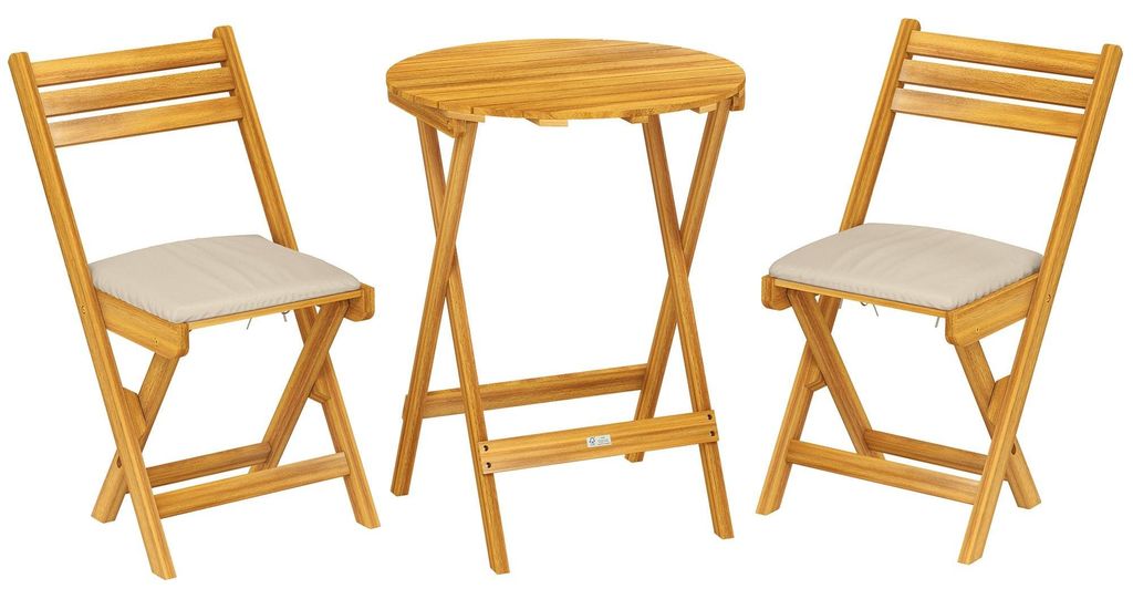 3-teiliges, klappbares Balkon-Set, Akazienholz, runder Tisch