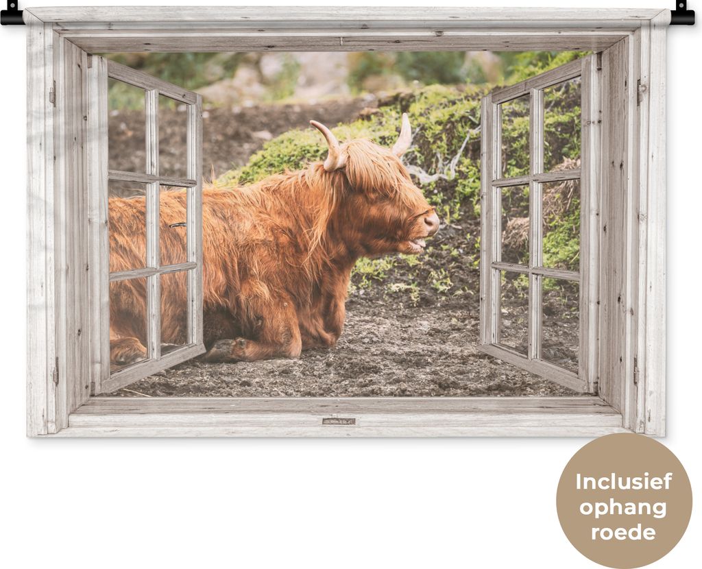 MuchoWow Wandteppich Wandbehang Schottische Hochlandrind - Ansicht - Natur - Pflanzen 90x60 cm Tapisserie Dekoration Wandtuch - Wandskulpturen - ...