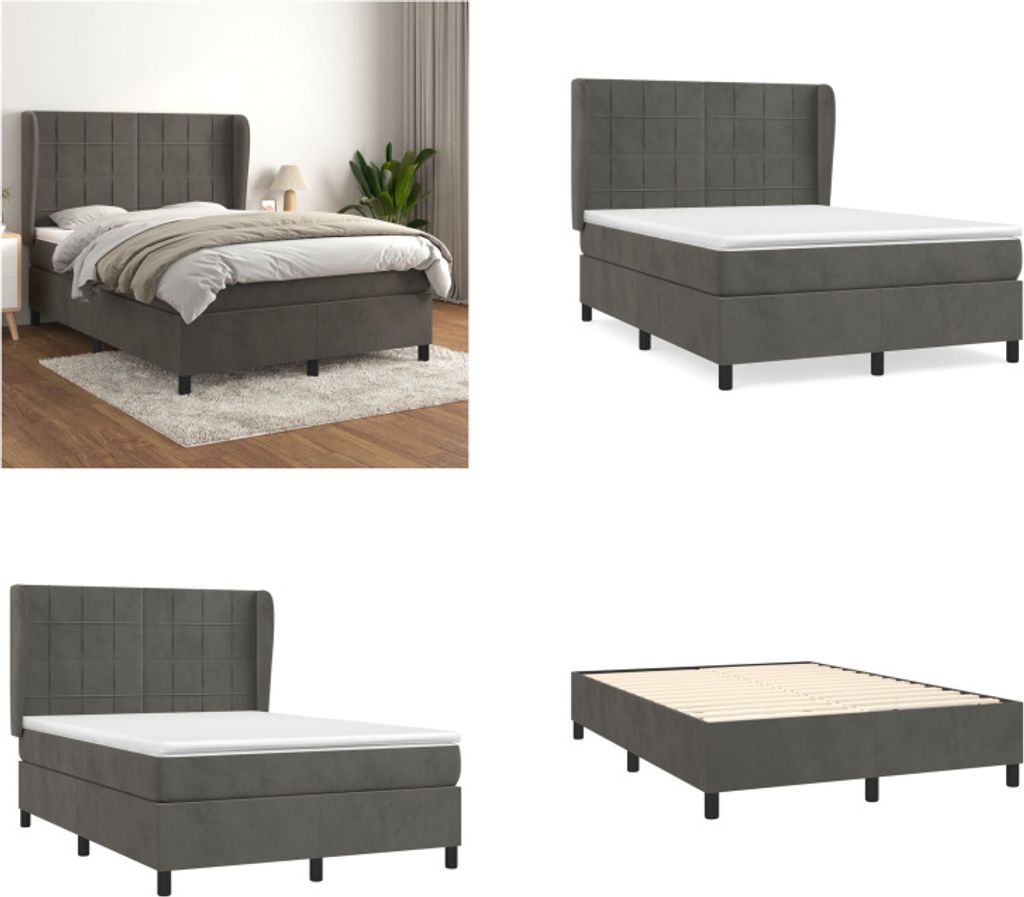 vidaXL Boxspringbett mit Matratze Dunkelgrau 140x190 cm Samt - Boxspringbett - Boxspringbetten - Bett - Schlafzimmermöbel