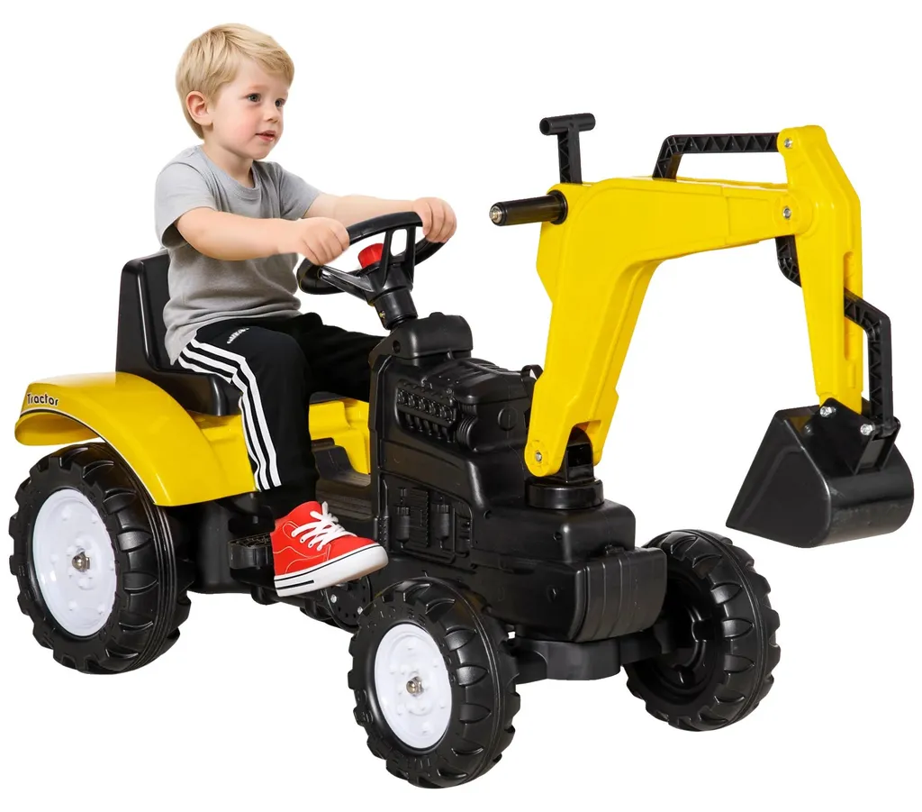 Tracteur à pédales jaune sécurisé avec large pelle de chargement avant