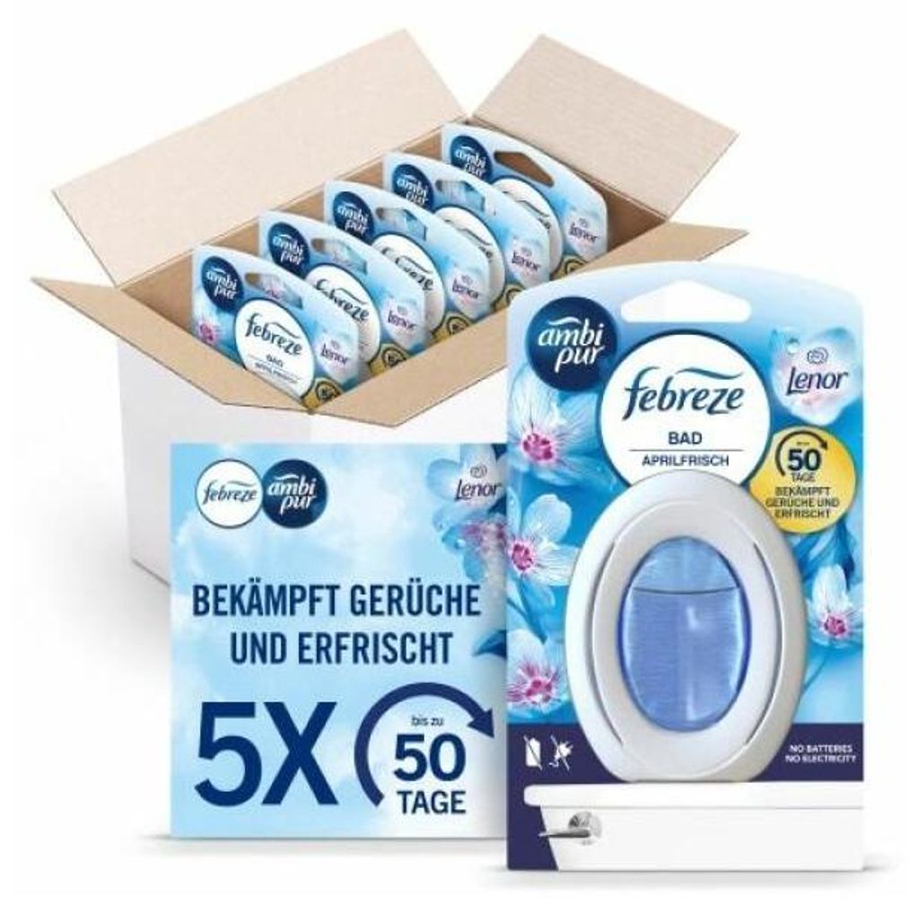 A cardboard box filled with Febreze air fresheners, with a single unit and a promotional card in the foreground.