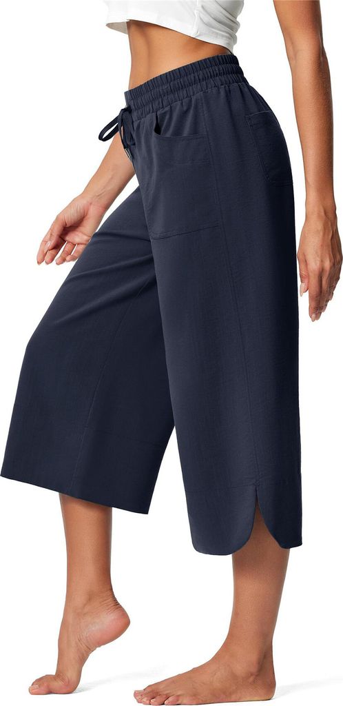 ASKSA Damen 3/4 Hose Caprihose Weite Bein Sommerhose Jogginghose Bequeme Palazzo Elegante Freizeithosen Lose Yoga Sweathose mit Taschen (Navy Blau,L)