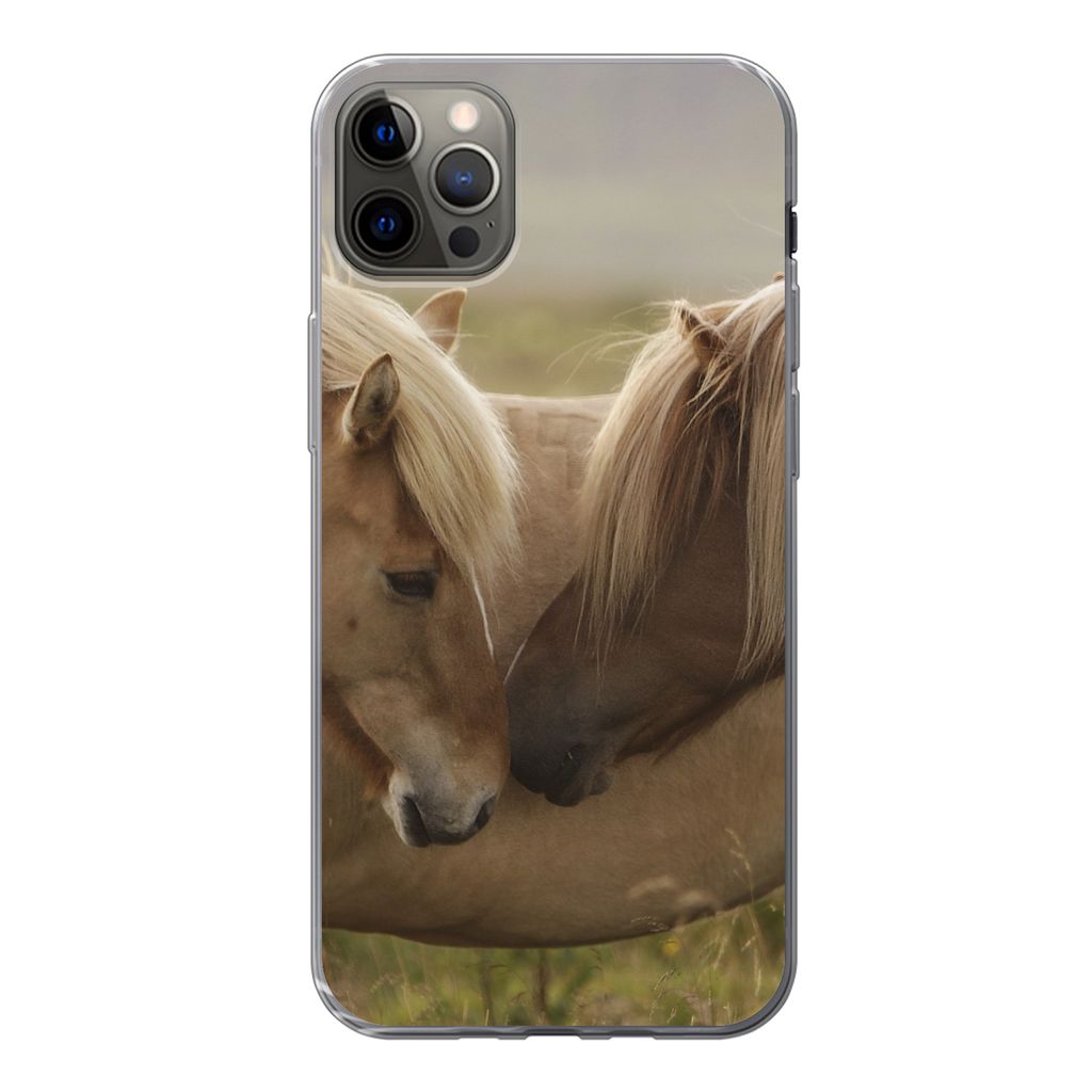 MuchoWow Handyhülle Schutzhülle Hülle für iPhone 13 Pro Max Pferde - Gras - Braun Silikon Softcase Handy Hülle - Mobiltelefon