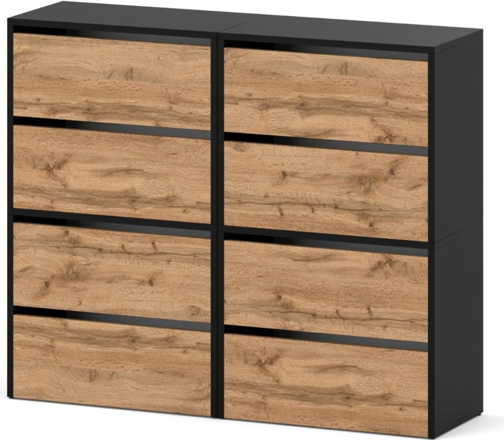 A modern shoe cabinet with a black frame and wood-effect doors.