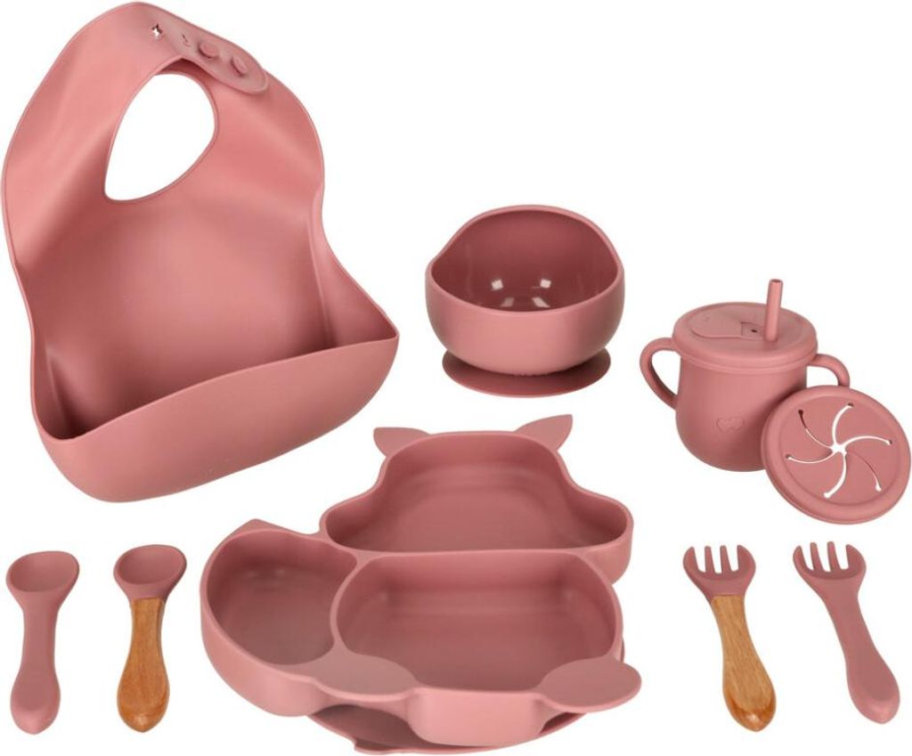 A set of silicone baby feeding items, including a bib, bowls, a cup with a straw, a plate, and utensils, arranged on a white background.