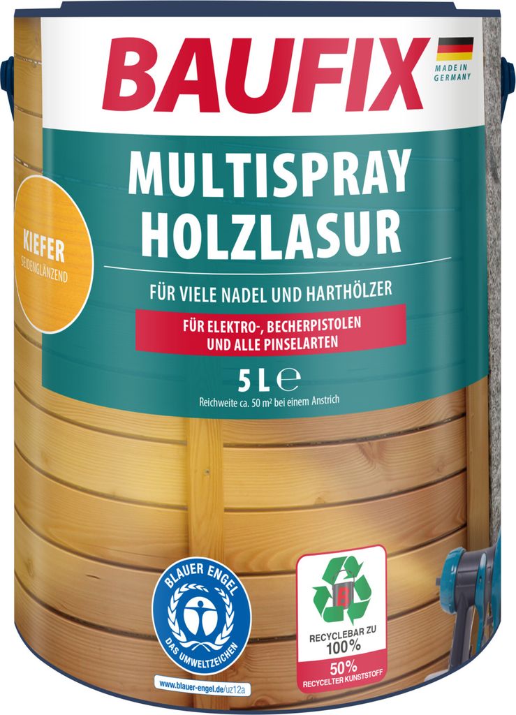 BAUFIX Multispray Holzlasur kiefer seidenglänzend, 5 Liter, Holzlasur