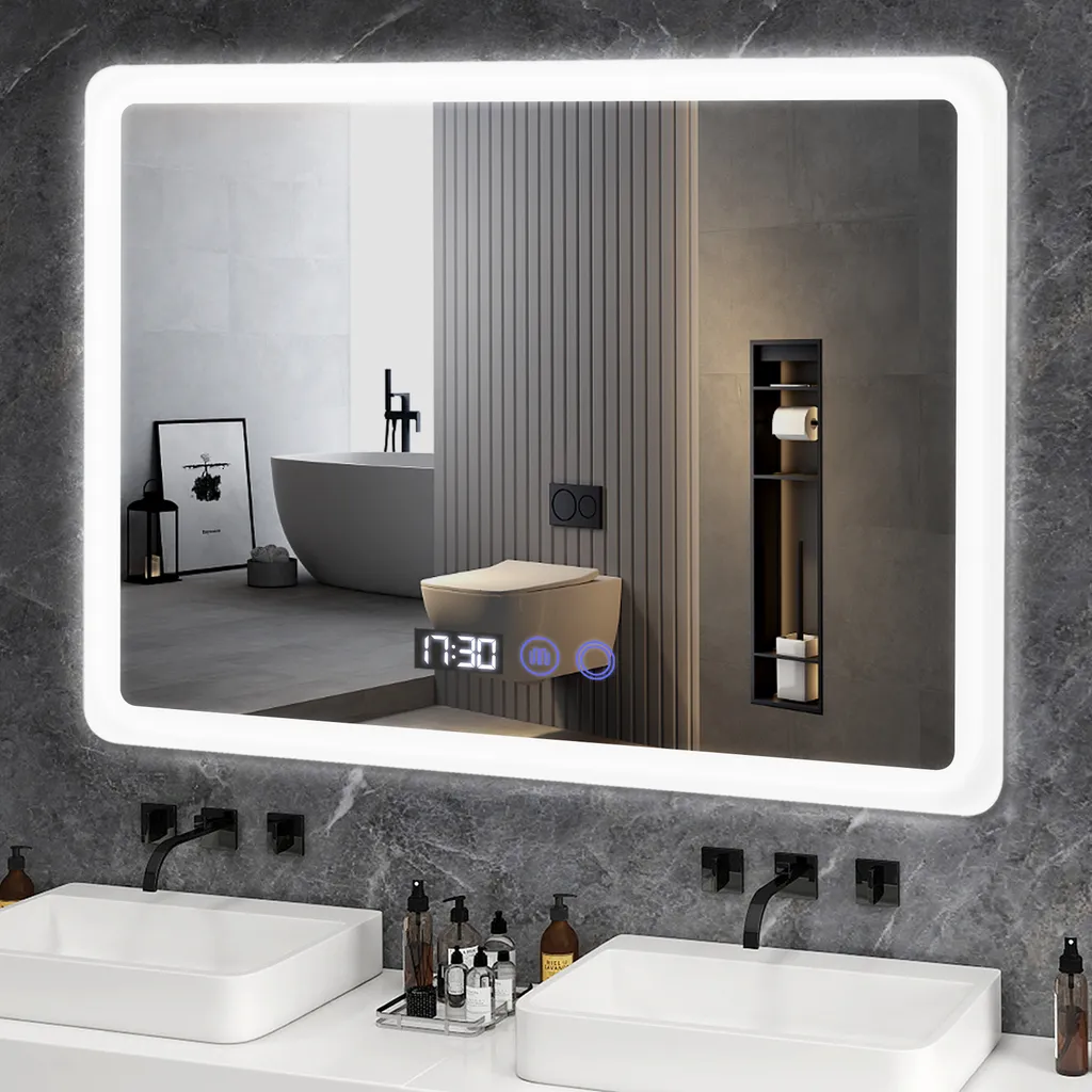 Miroir Salle de Bain sans Buée 80x60 LED Dimmable avec Horloge et Tempé
