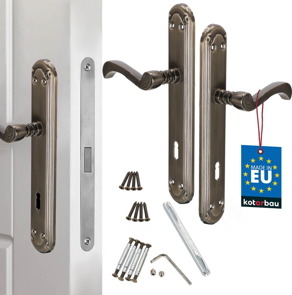 A set of door handles and related hardware, including screws and an Allen key, displayed against a white background. A blue tag with 'MADE IN EU' is attached to one of the handles.