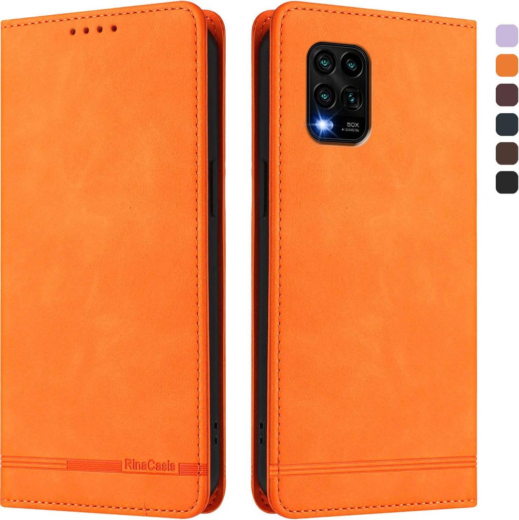 Hülle für Xiaomi Mi 10 Lite, Retro Kunstleder Ständer Klapphülle mit Kartenfächer und Magnetische Orange