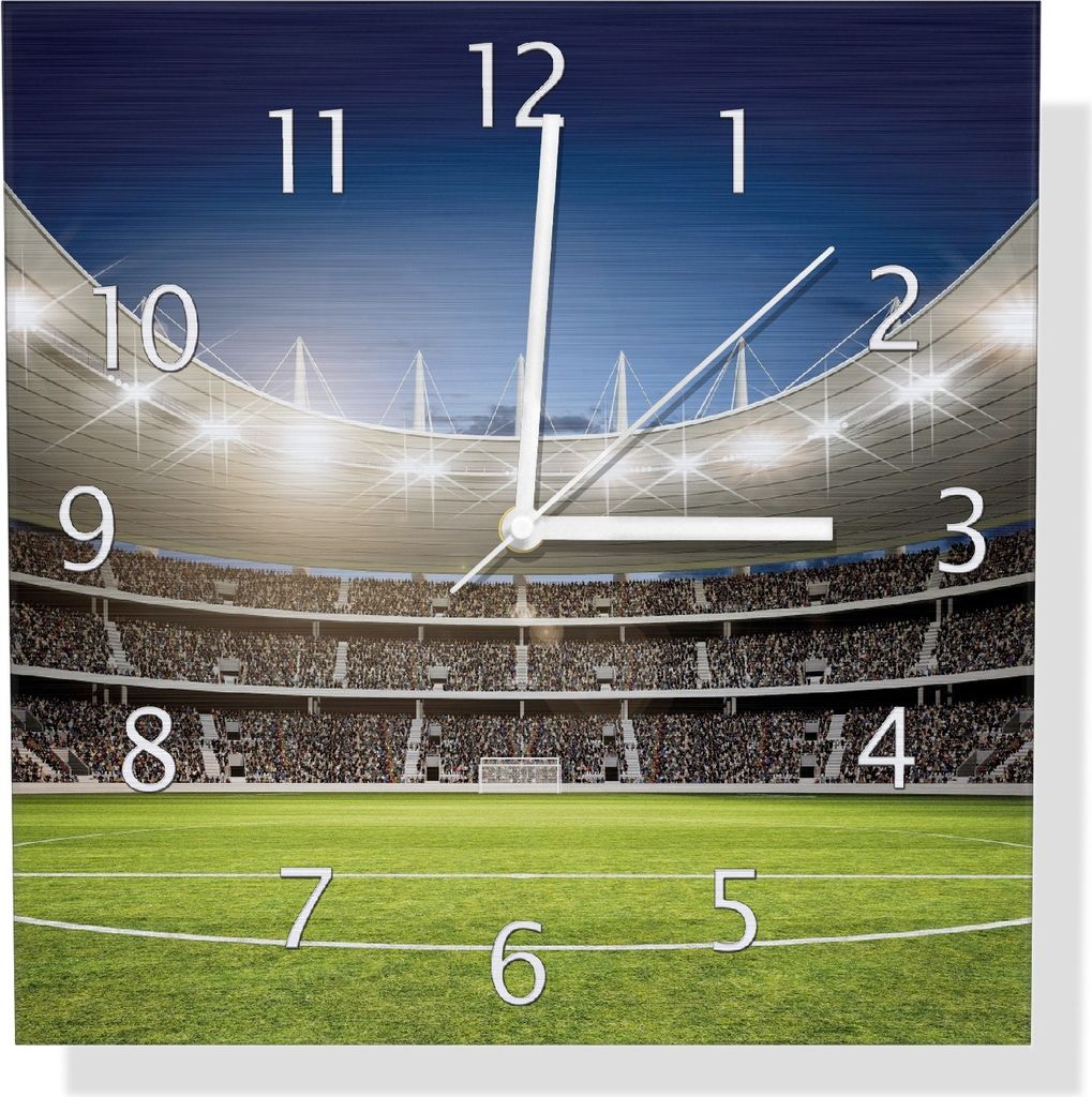 Wallario Design Wanduhr Fußballstadion Mittellinie aus Aluverbund, Größe 30 x 30 cm