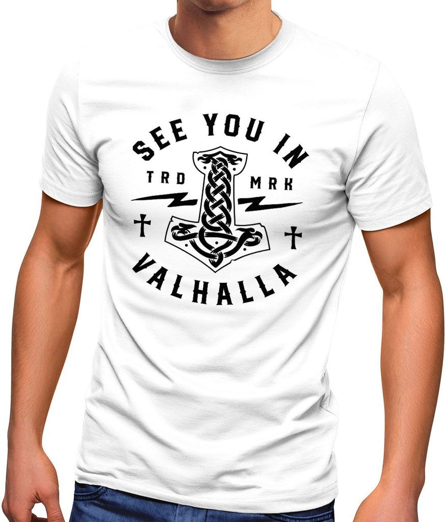 Herren T-Shirt See you in Valhalla Valknut Mjölnir Thor Hammer Fashion Streetstyle Neverless weiß XL