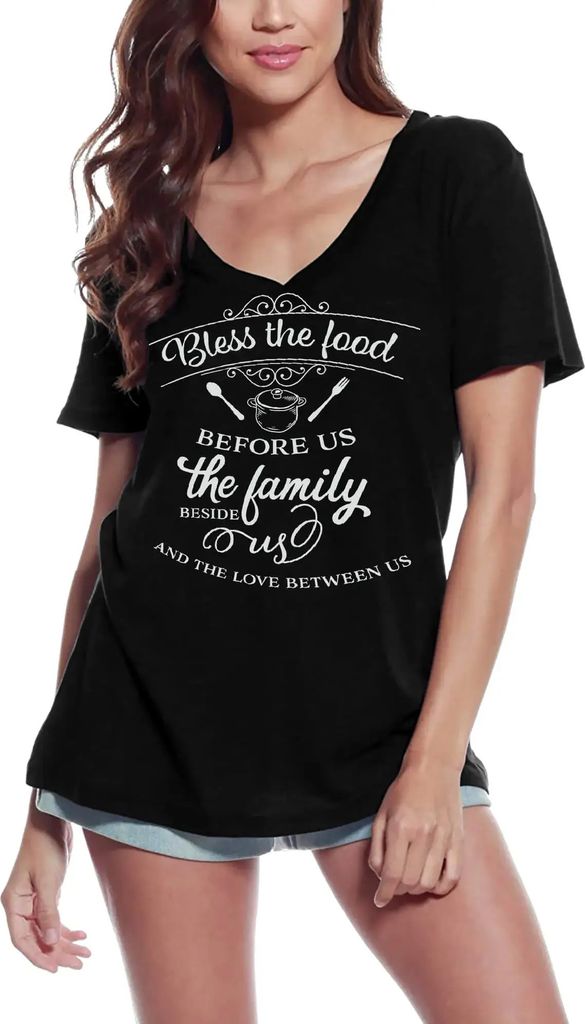 Damen Grafik T-Shirt V-Ausschnitt Segne das Essen – Bless The Food – Öko-Verantwortlich Vintage Jahrgang Kurzarm Lustige Druck Geburtstag Gesc...