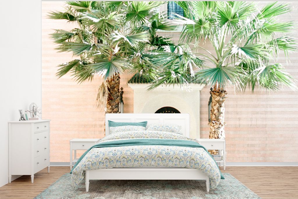 MuchoWow Fototapete für Wohnzimmer oder Schlafzimmer Wandtapete Vinyl Motivtapete Tür - Marrakesch - Palme - Weiß - Tropisch - 375x280 cm - Sc...
