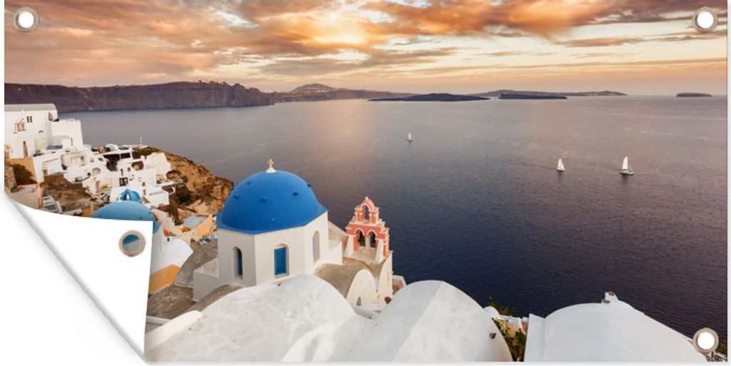 MuchoWow 160x80 cm Outdoor-Poster Gartendeko Sichtschutz Garten Poster für den Garten Sonnenaufgang über dem Wasser in Oia Griechenland