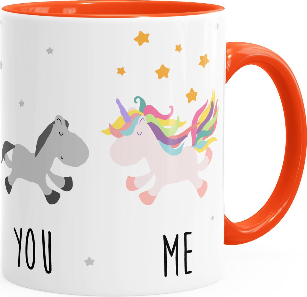 Kaffee-Tasse You and Me Einhorn Unicorn Kaffeetasse Henkel innen farbig MoonWorks orange unisize