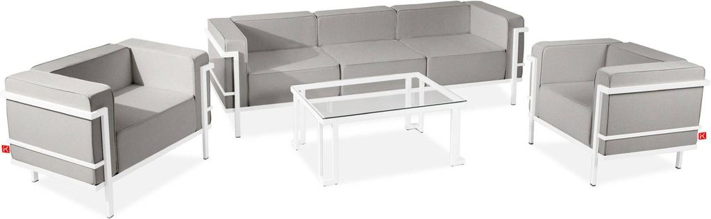 KONSIMO GARTENLOUNGE SET 1x Tisch 2x Sessel 1x Sofa 3-Sitzer 4-tlg. "TRIGLO" Weiß/Cremeweiß, Stahl/Polyester/Schaumstoff/gehärtetes Glas, Modern...