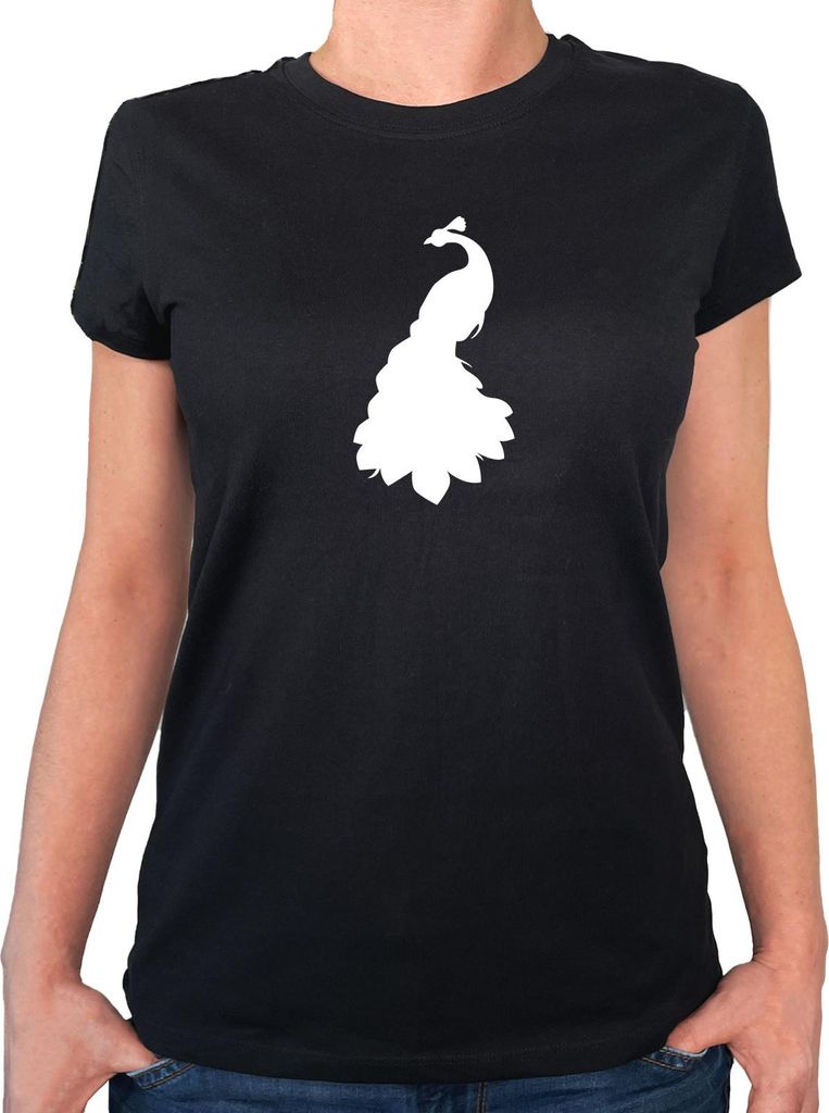 Huuraa Damen T-Shirt Pfau Silhouette XL Black Bio Baumwolle Fairtrade Damenshirt Geschenkidee