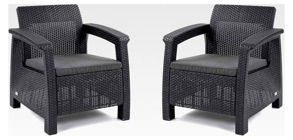 Allibert Corfu 2er Set Gartensessel aus Kunststoff mit Outdoor Kissen, für Garten und Balkon, graphit / hell grau, 75 x 70 x 79 cm pro Stuhl