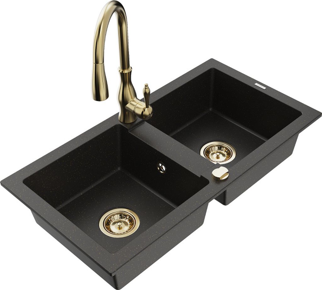 Mexen Mario 2-Becken-Granitspüle mit Mischbatterie Savita, Schwarz/Gold metallisch - 6504-75-672601-50