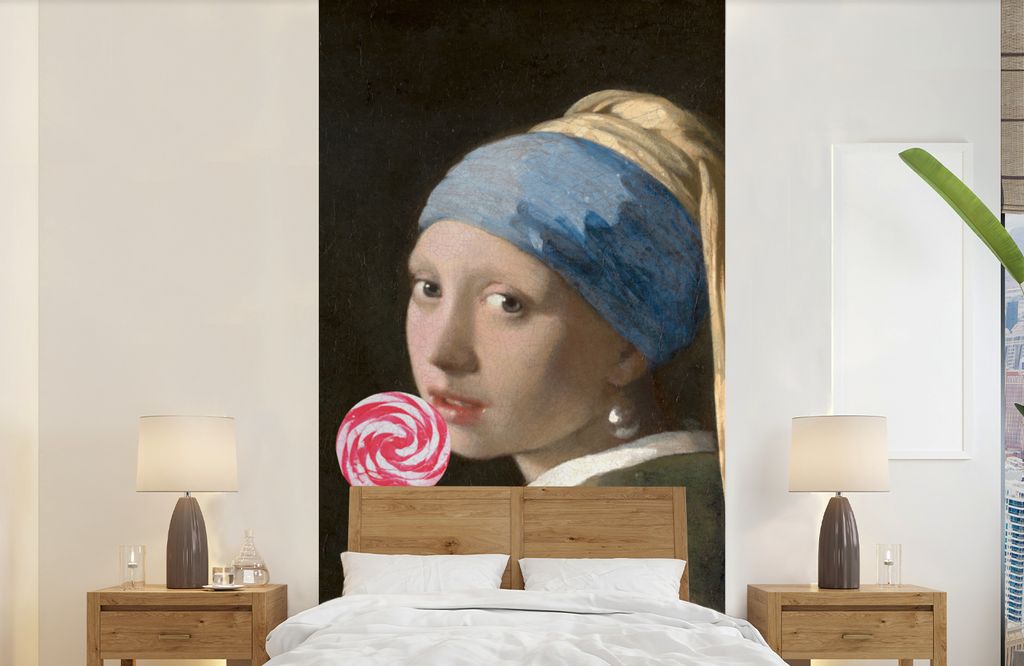 MuchoWow Fototapete für Wohnzimmer oder Schlafzimmer Wandtapete Vinyl Motivtapete Das Mädchen mit dem Perlenohrring - Vermeer - Lollipop - 120x...