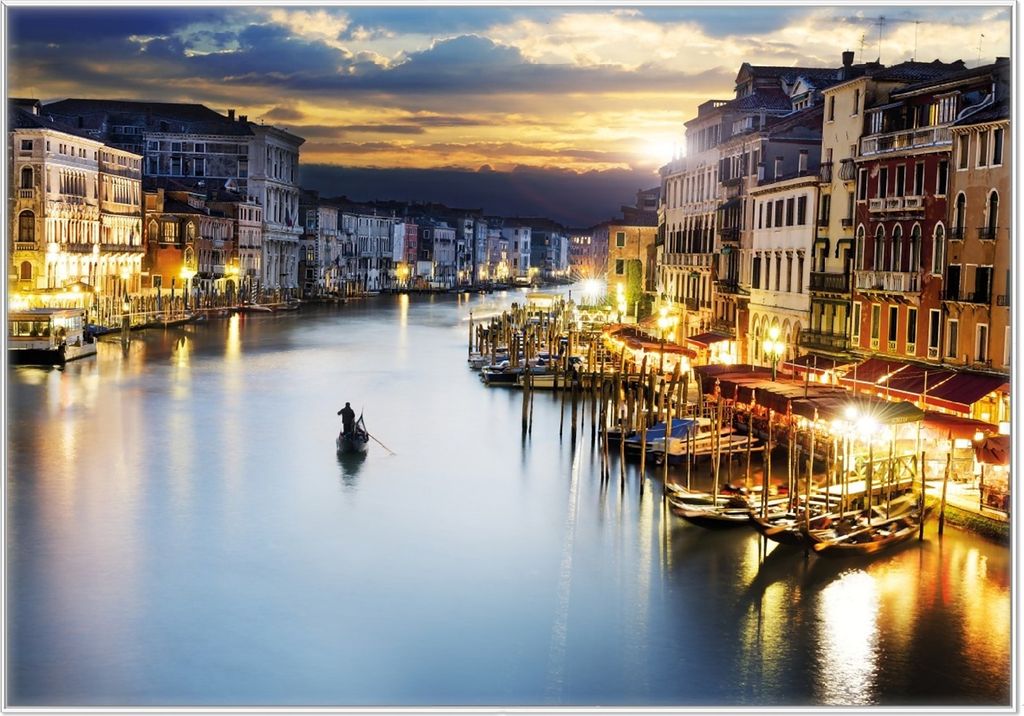 Wallario Wandbild Canal Grande in Venedig am Abend mit untergehender Sonne, Größe: 70,30 x 100,30 cm, Poster mit weißem Kunststoffrahmen