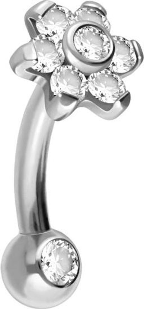 Bauchnabel-Piercing, Rook Piercing Titan Banane mit Push Fit BLUME MIT 7 KRISTALLEN + KRISTALLKUGEL Silber Stablänge: 6mm | Discgröße: 5mm