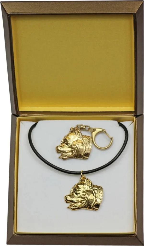 Parure bijoux Pitbull avec collier et porte-clés plaqué or pour fans APBT