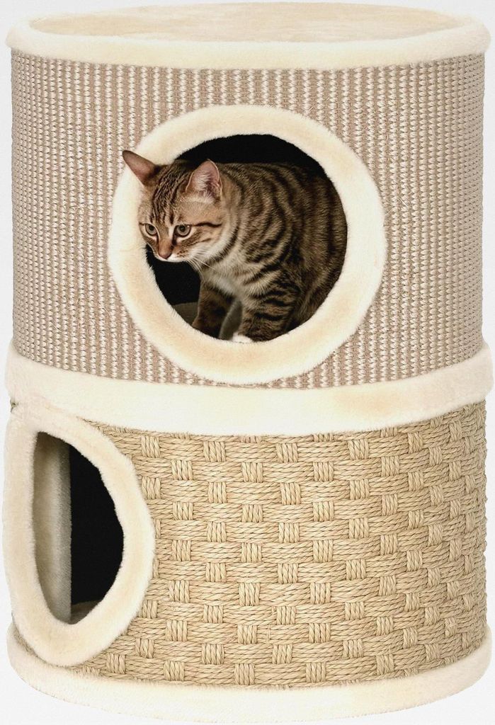 Kratztonne für Katzen 49 cm Hoch Ø 35,5 cm Katzentonne mit 2 Etagen Sisalseil, Plüsch Katzenhöhle, Kratzbaum für große Katzen, Khaki+Kaffee
