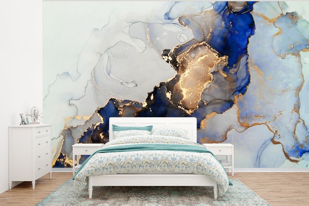 MuchoWow Fototapete für Wohnzimmer oder Schlafzimmer Wandtapete Vinyl Motivtapete Marmor - Blau - Gold - 375x280 cm - Schlafzimmer tapete