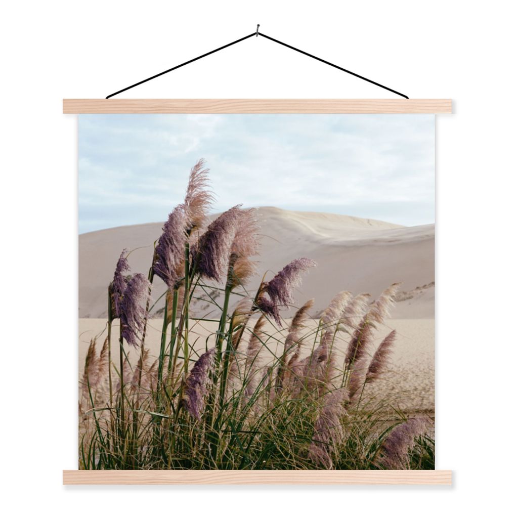 MuchoWow Textilposter Pampasgras - Sand - Pflanzen - Düne 120x120 cm mit holzfarbenen Rahmen - Textil-Poster