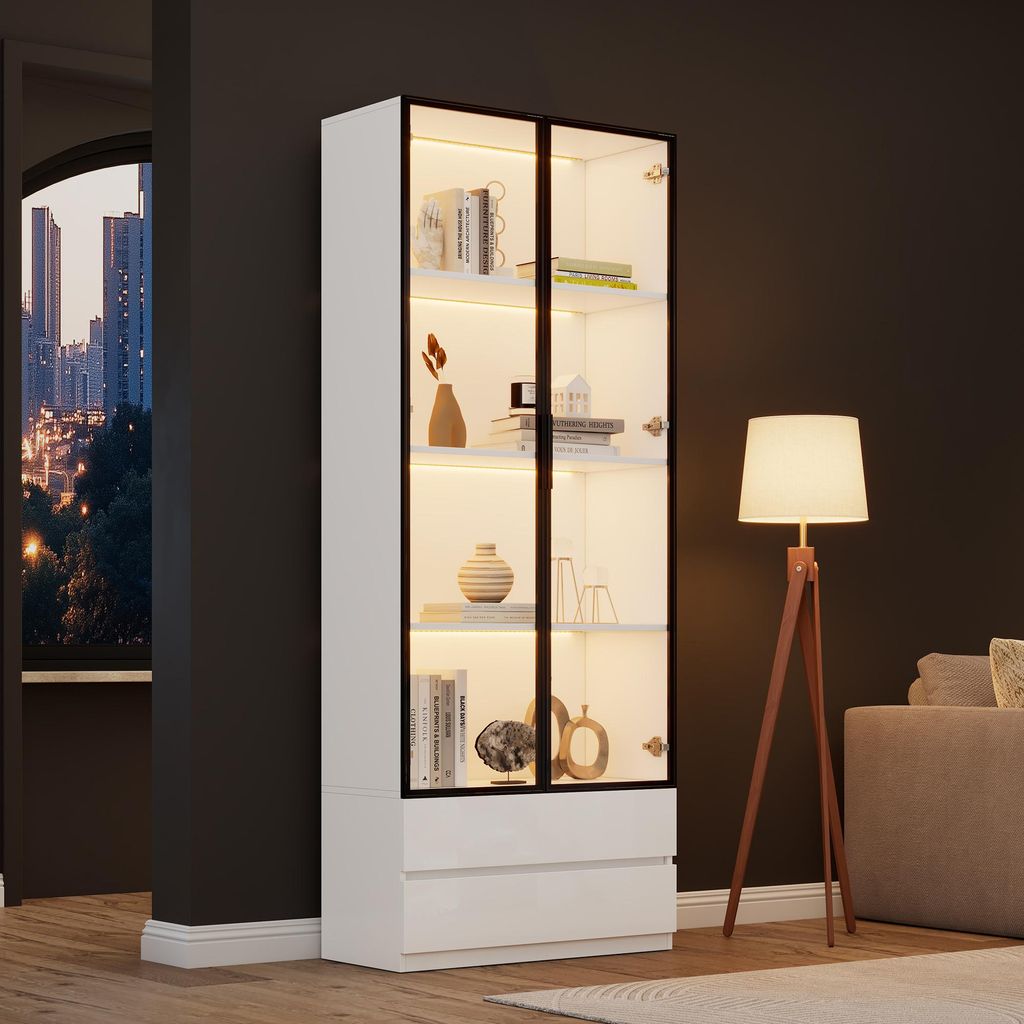 Hochschrank mit LED, Vitrine mit 2 Türen & 2 Schubladen, Aufbewahrungsregale & Bücherregal, Display-Regal für Wohnzimmer, , Aluminiumrahmen, Weiß